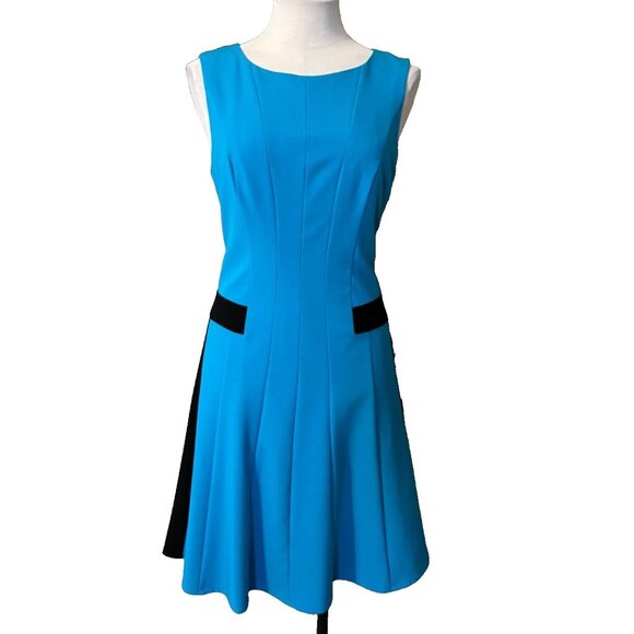 Calvin Klein Dress 8 A Line Blue Black Panel Stretch Sleeveless Career Church - Picture 1 of 10